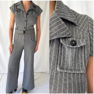70s vintage grey pinstripe disco fitted belted button up pant jumpsuit pantsuit